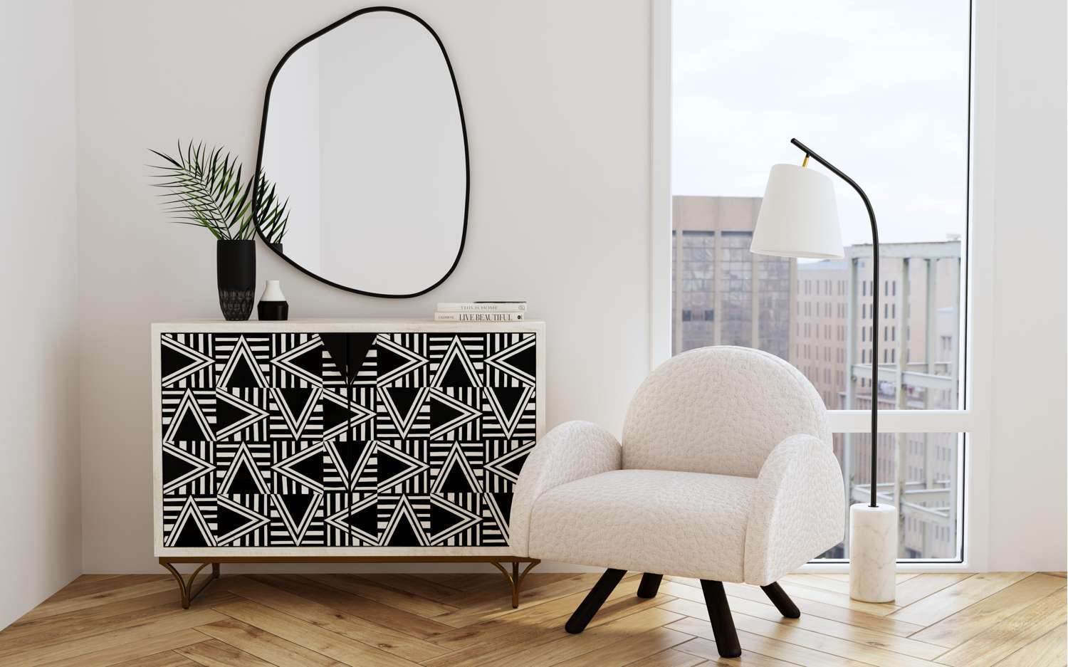 Karaniya 30" Asymmetrical Black Wall Mirror - Room Scene