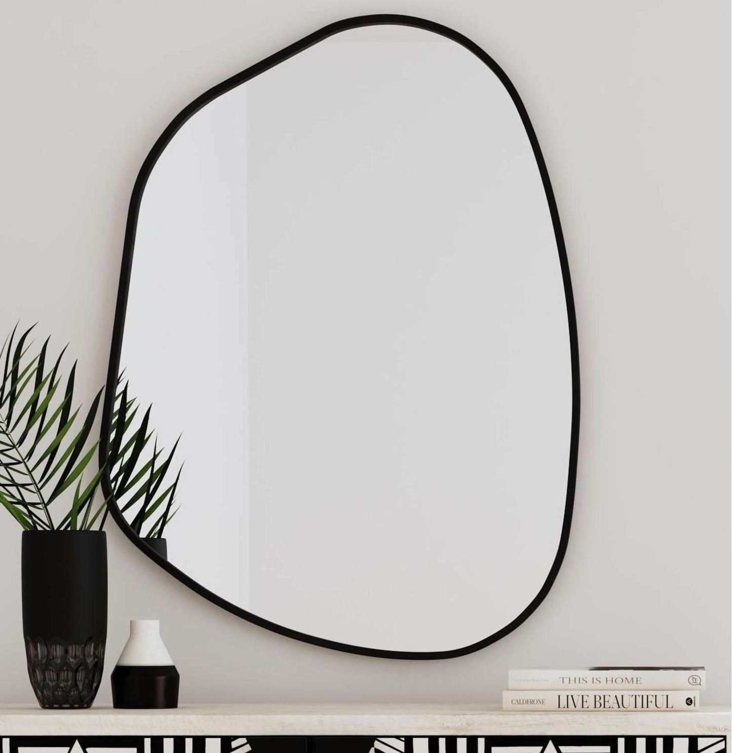Karaniya 30" Asymmetrical Black Wall Mirror - Room Scene