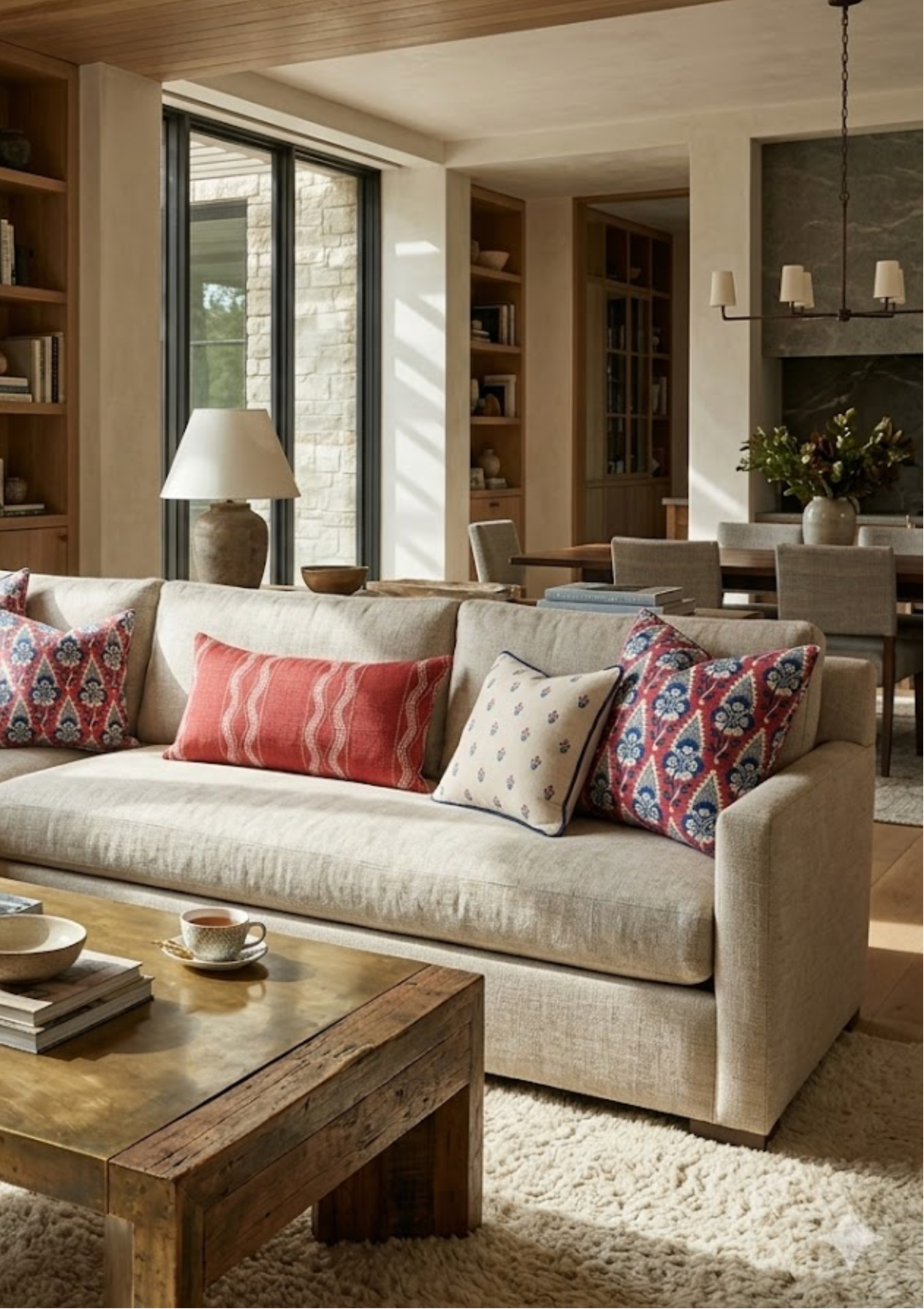 Moira Floral Pillow in Red + Blue