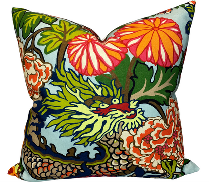 Chiang Mai Dragon Pillow in Aquamarine, Indoor Outdoor Pillows