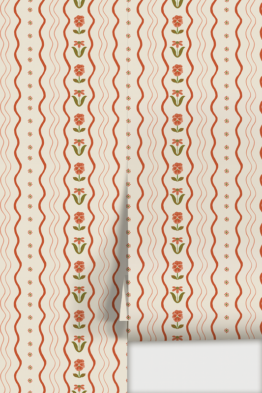 Posy Lane Stripe Wallpaper, beige and poppy red