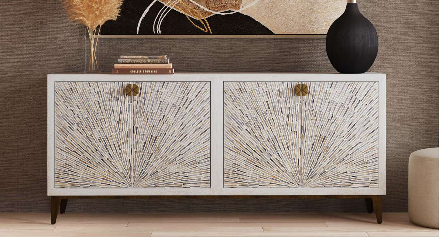 Astrid 34" Four Door Sideboard Cabinet with Solid Mango Wood in a White Wash Finish - Room Scene