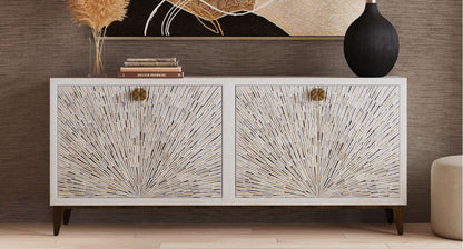 Astrid 34" Four Door Sideboard Cabinet with Solid Mango Wood in a White Wash Finish - Room Scene