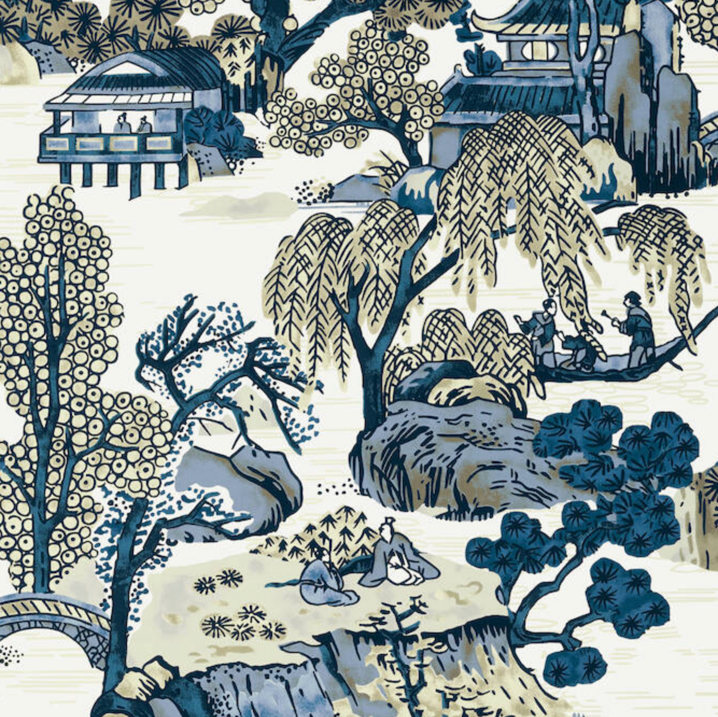 Asian Scenic Pillow in Navy