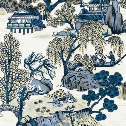 Asian Scenic Pillow in Navy