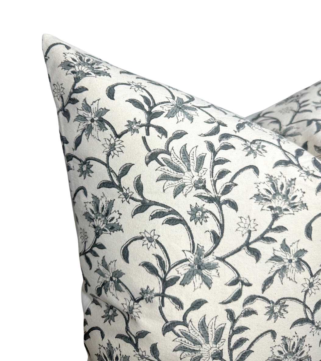 Vine Floral Print Pillow in Indigo on Natural