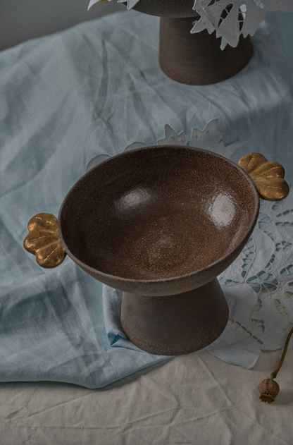 Stoneware Pedestal Fruit Bowl "Pumpernickel" with Gold Leaves