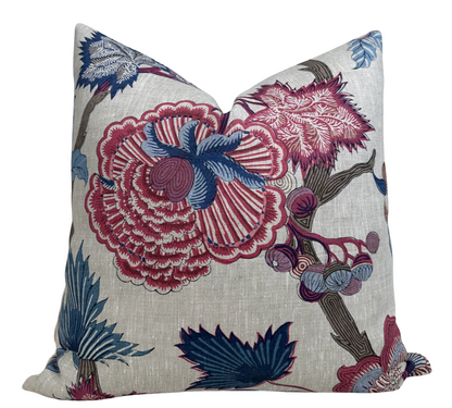 Indienne Jacobean Pillow in Raspberry and Blue