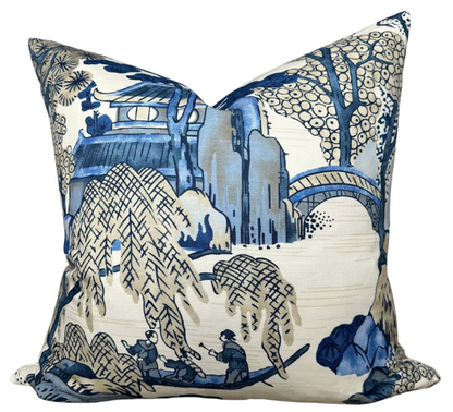 Asian Scenic Pillow in Navy