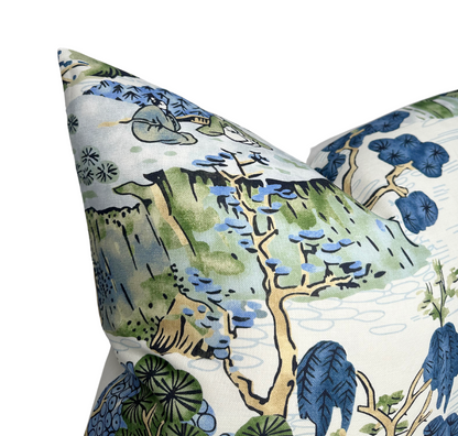 Asian Scenic Pillow in Blue and Green