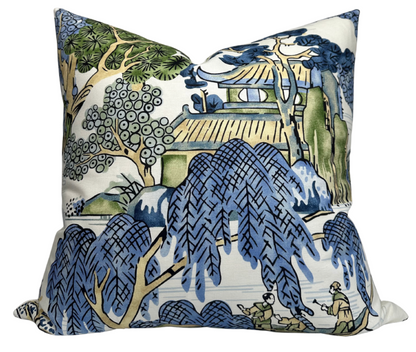 Asian Scenic Pillow in Blue and Green