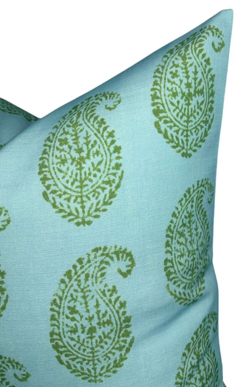 Kashmir Paisley Floral Pillow in Green and Blue, Indoor/Outdoor Pillows