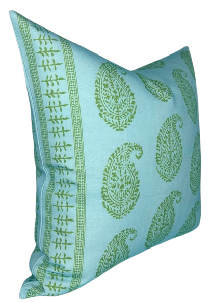Kashmir Paisley Floral Pillow in Green and Blue, Indoor/Outdoor Pillows