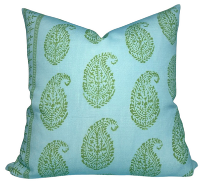 Kashmir Paisley Floral Pillow in Green and Blue, Indoor/Outdoor Pillows