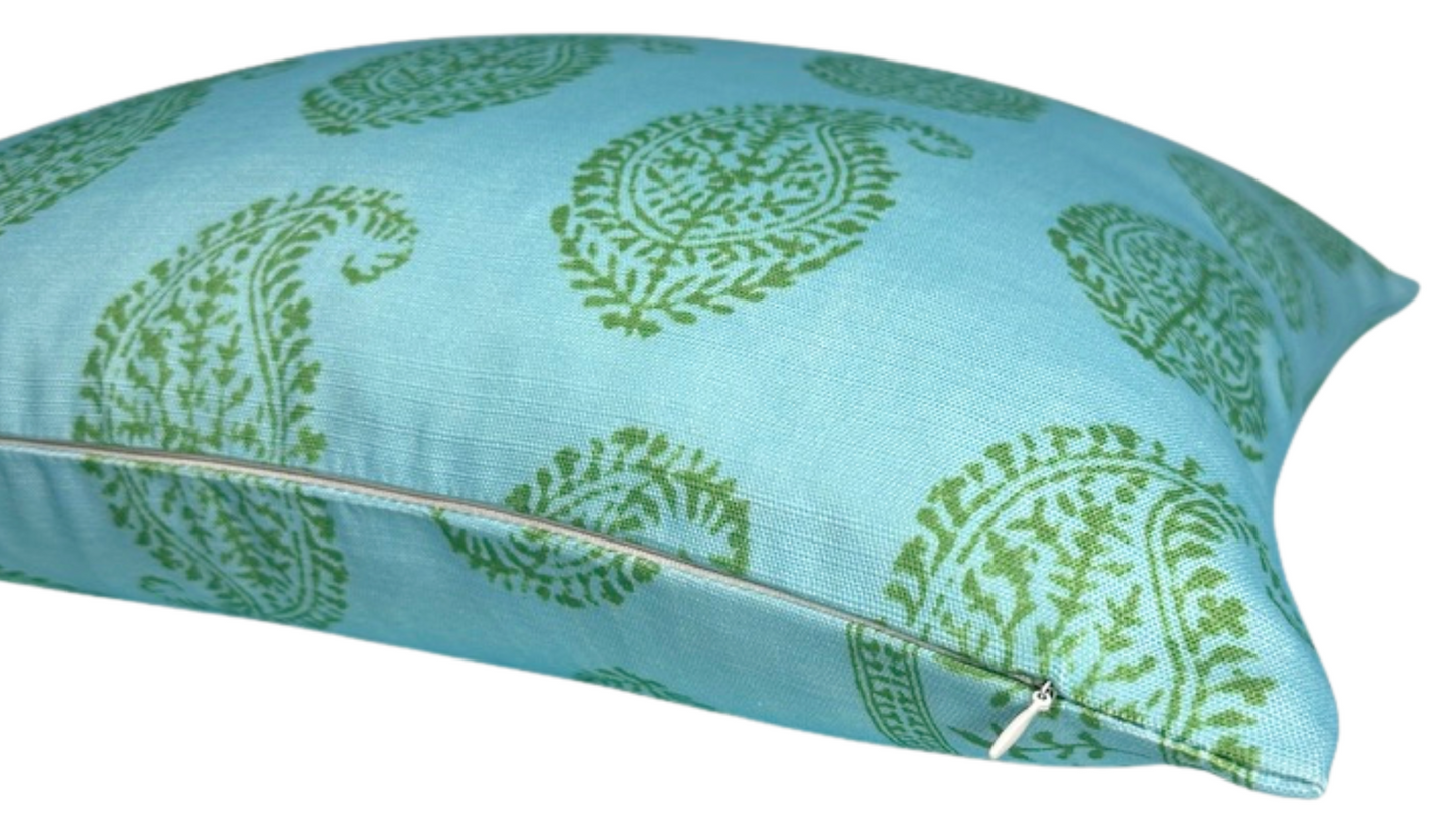 Kashmir Paisley Floral Pillow in Green and Blue, Indoor/Outdoor Pillows