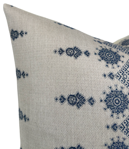 Carmania Pillow in Indigo on Natural, Indoor Outdoor Pillows