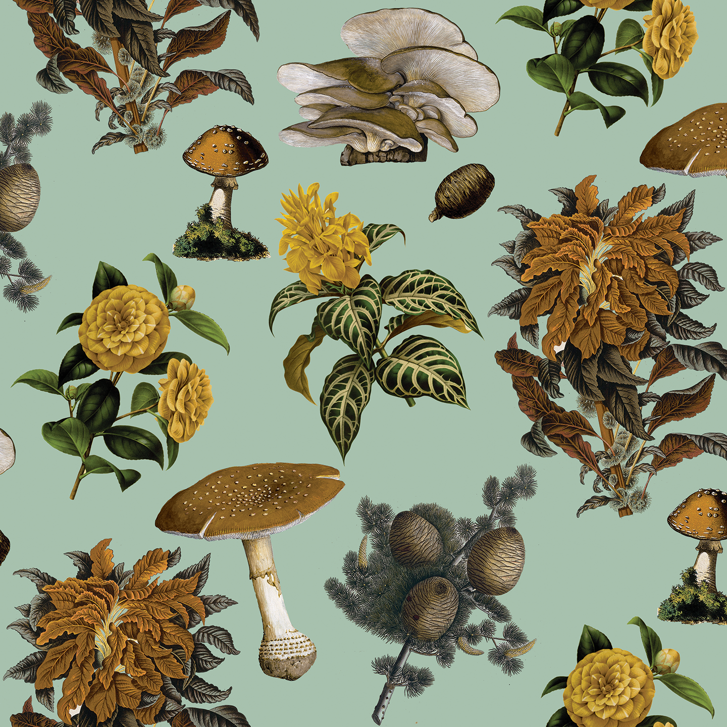 Shrooms Wallpaper - Mint & Mustard