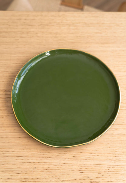 Handmade Porcelain Dinner Plates with Gold Rim - Green