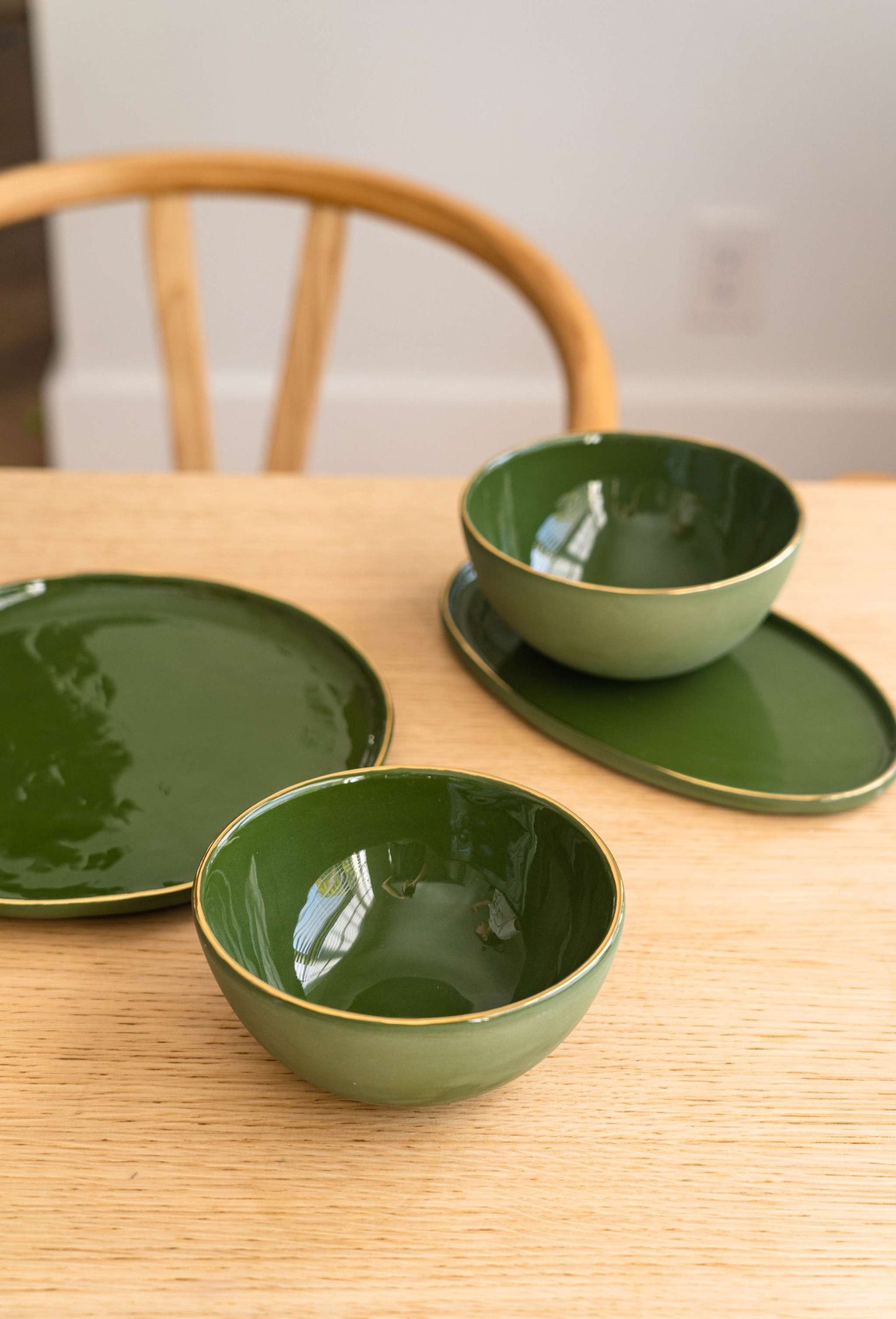 Handmade Porcelain Dinner Plates with Gold Rim - Green