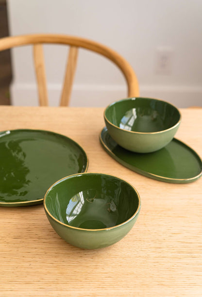 Handmade Porcelain Dinner Plates with Gold Rim - Green