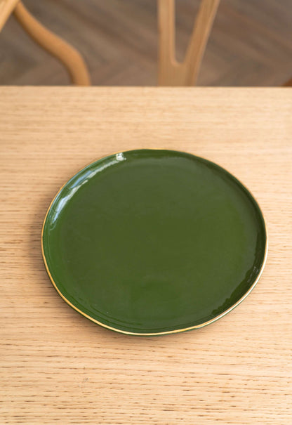 Handmade Porcelain Dinner Plates with Gold Rim - Green
