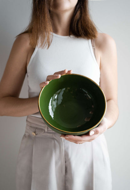 Handmade Porcelain Salad Bowl with Gold Rim - Green