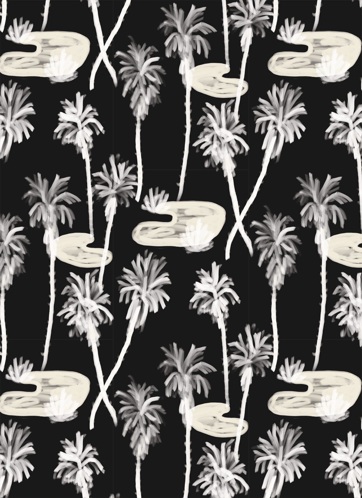 Palm Oasis Wallpaper, black and off-white