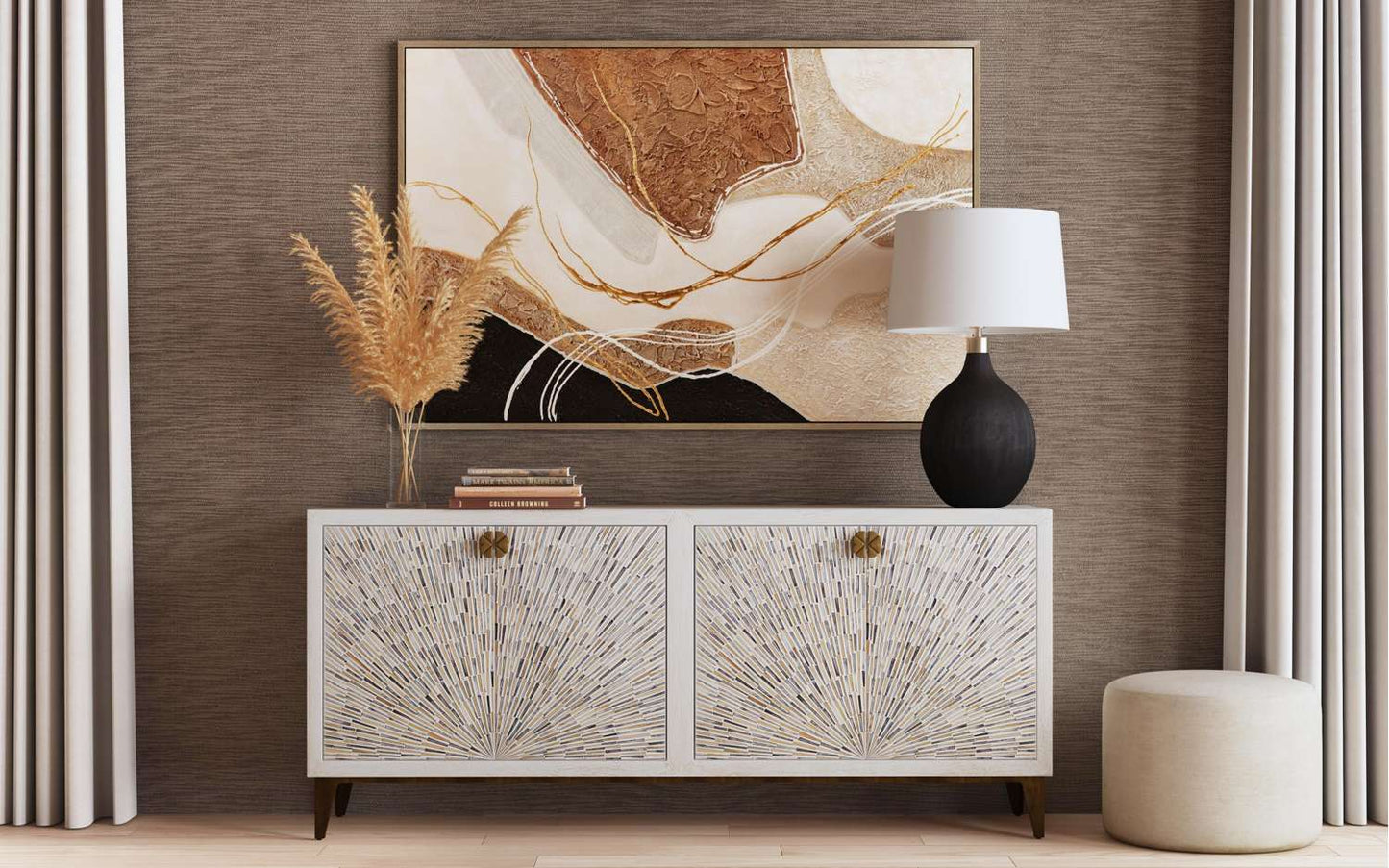 Anderson 16" Plush Round Ottoman in Cream Chenille fabric - Room Scene
