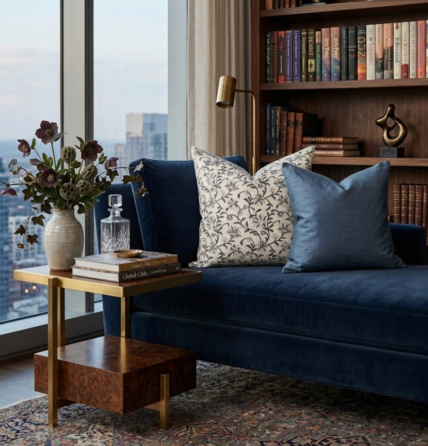 Vine Floral Print Pillow in Indigo on Natural