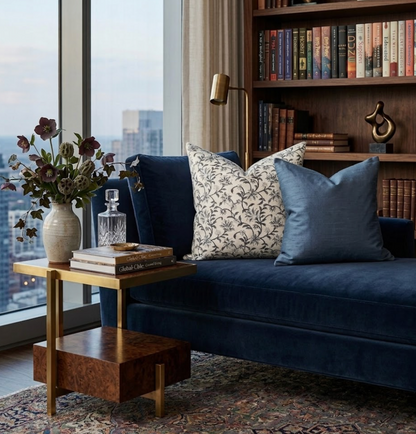 Vine Floral Print Pillow in Indigo on Natural