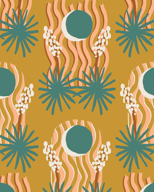 Yucca Moon Wallpaper, mustard and teal