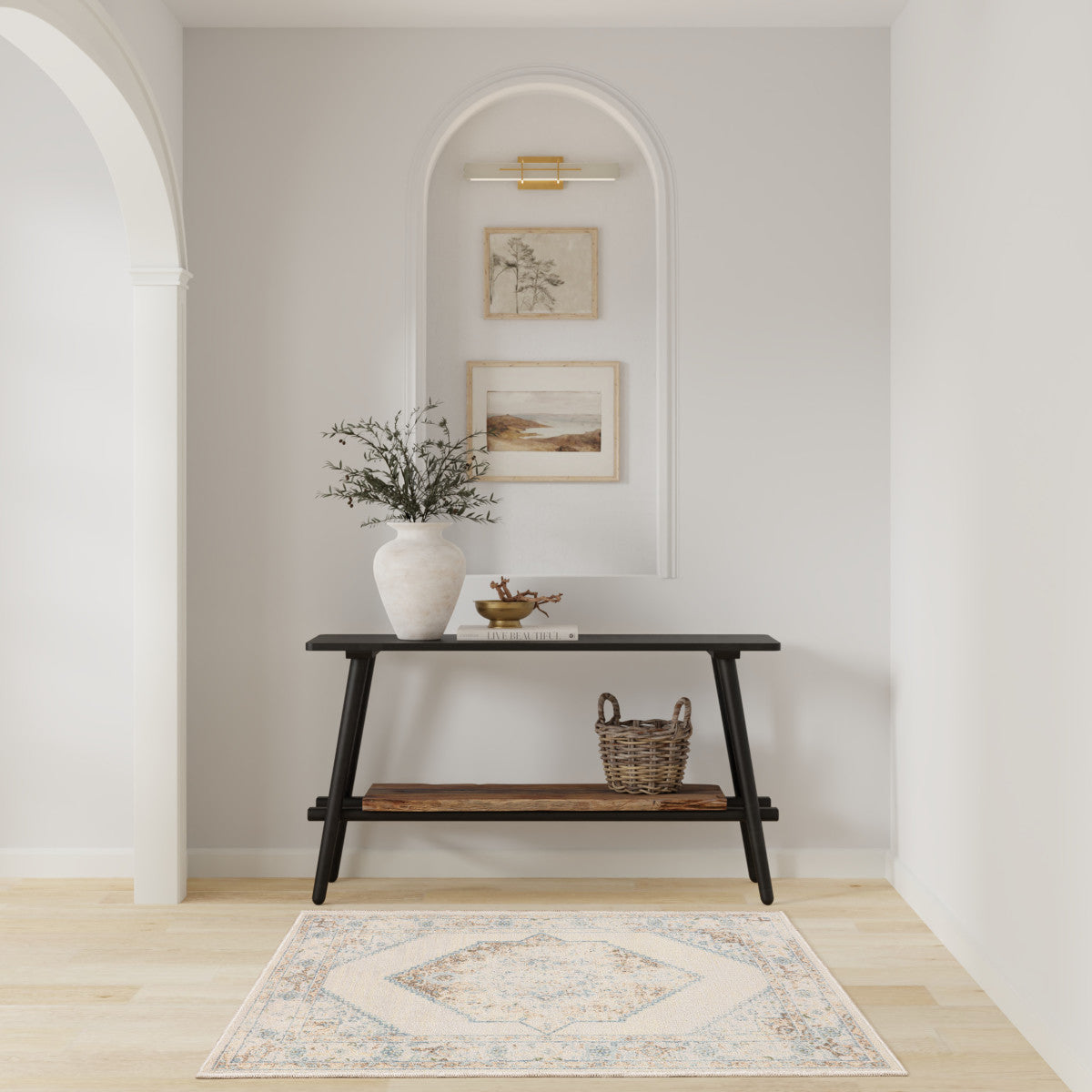 Nourison Astra Ivory & Blue Pet Friendly Machine Washable Rug - Room Scene