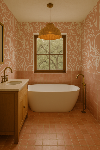 Inked Foliage Wallpaper, peach and white