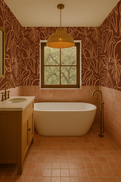 Inked Foliage Wallpaper, rust and peach