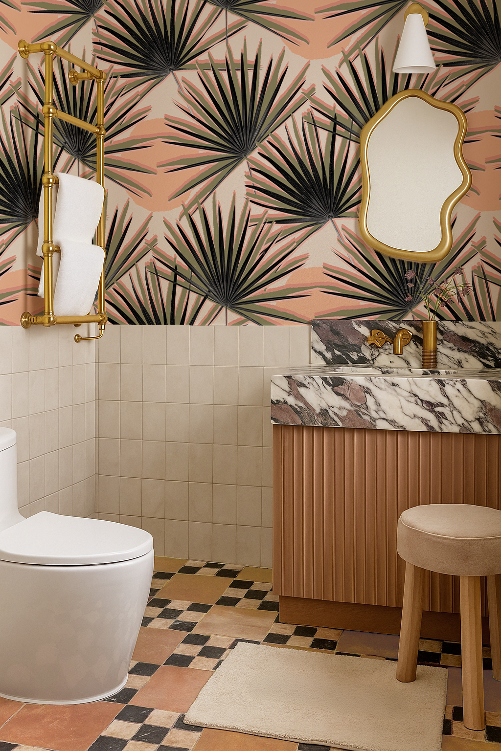 Palm Deco Wallpaper - Coral & Olive Green