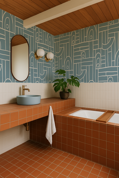 Deco Tile Wallpaper, dusty blue and white
