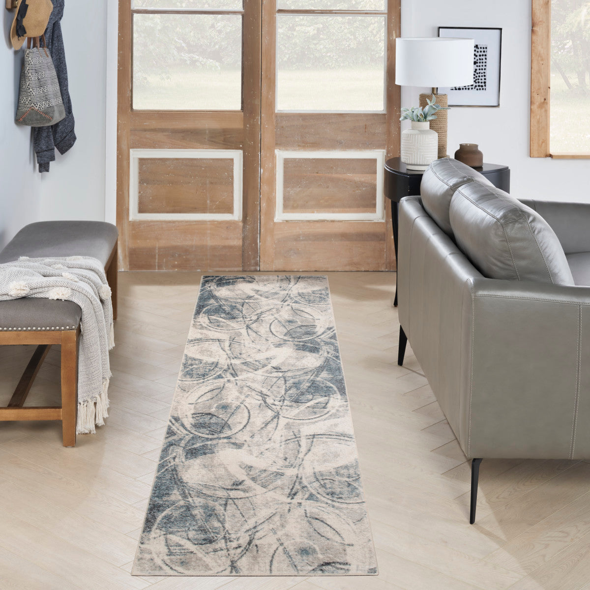 Nourison Astra Silver & Blue Pet Friendly Machine Washable Rug - Room Scene