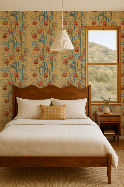 Campanas Wallpaper, butter yellow & slate blue