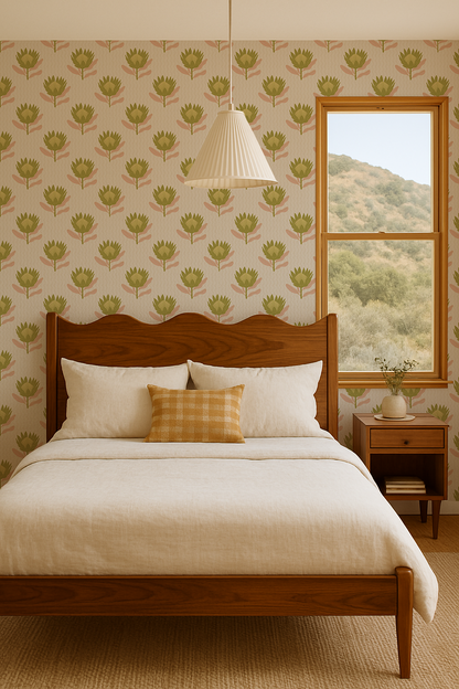 King Protea Wallpaper, tan and olive