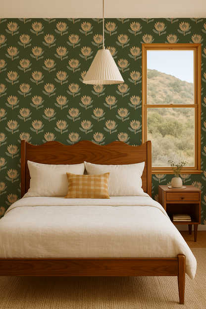 King Protea Wallpaper, forest green and butter yellow