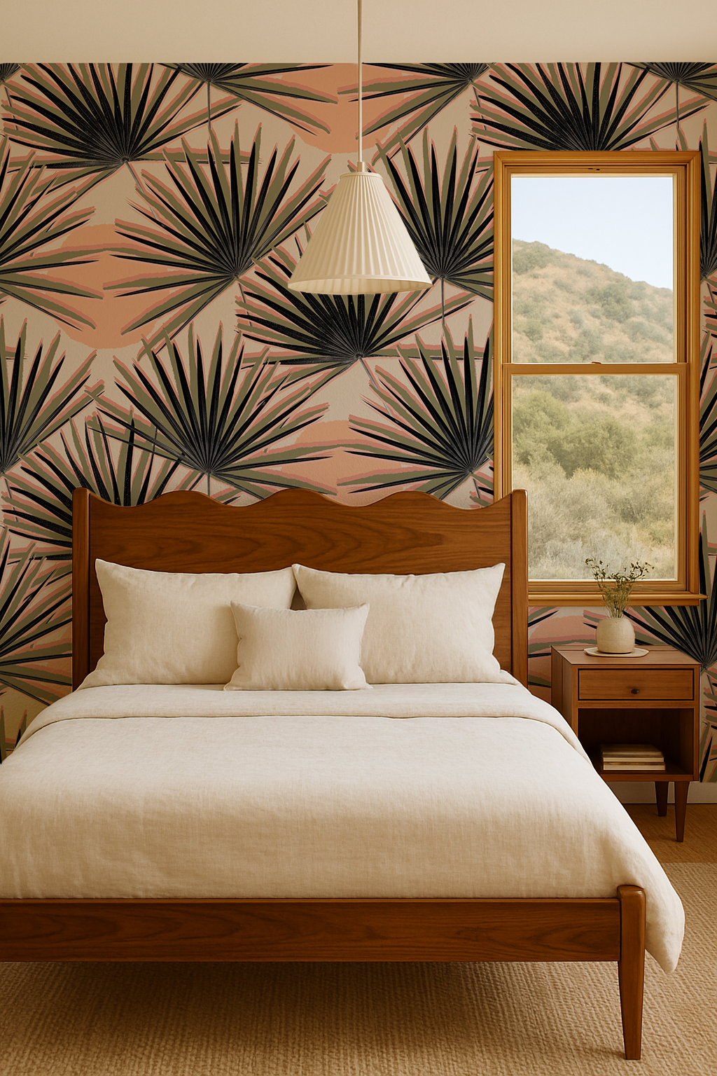 Palm Deco Wallpaper - Coral & Olive Green