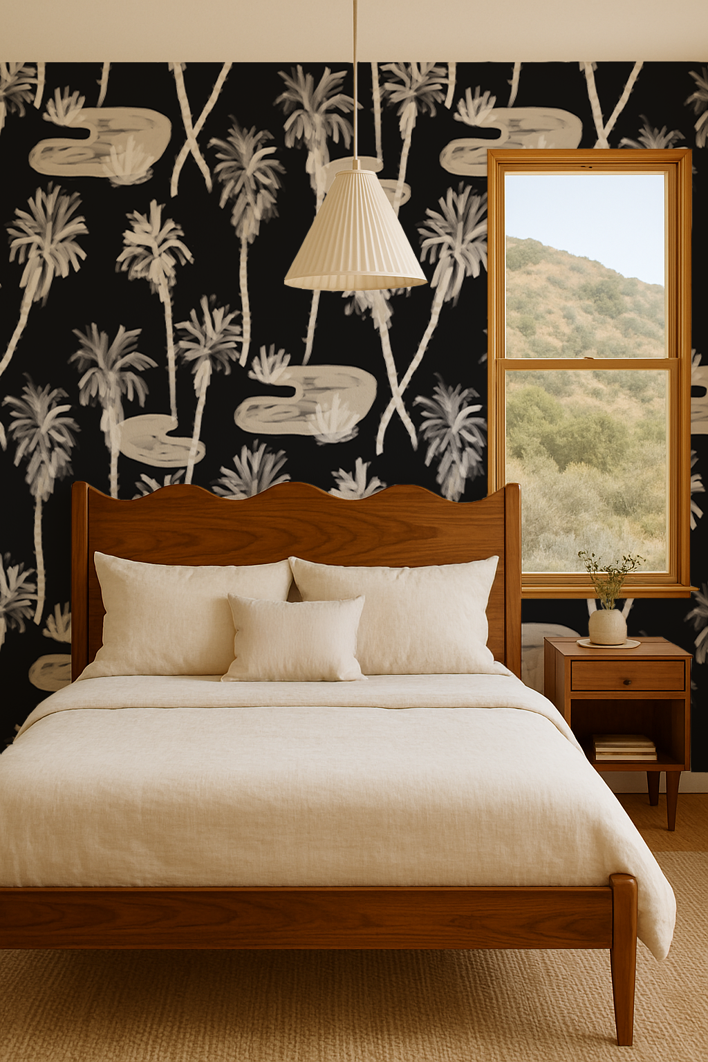 Palm Oasis Wallpaper, black and off-white