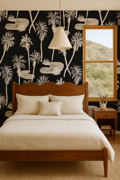 Palm Oasis Wallpaper, black and off-white