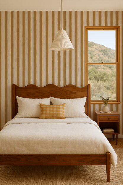 Riviera Stripe Wallpaper, off-white and mustard yellow