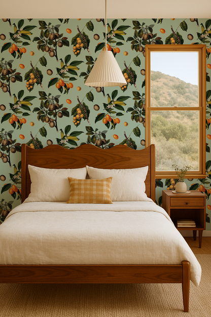 Vintage Orchard Wallpaper, robin egg