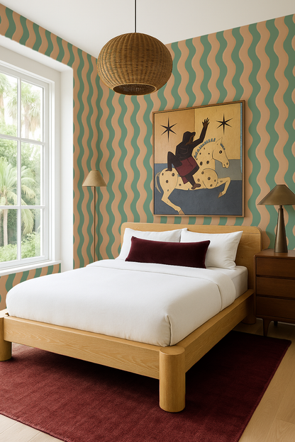Ziggy Stripe Wallpaper, teal and apricot