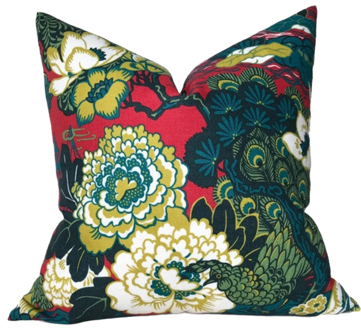 Shanghai Peacock Pillow in Cerise