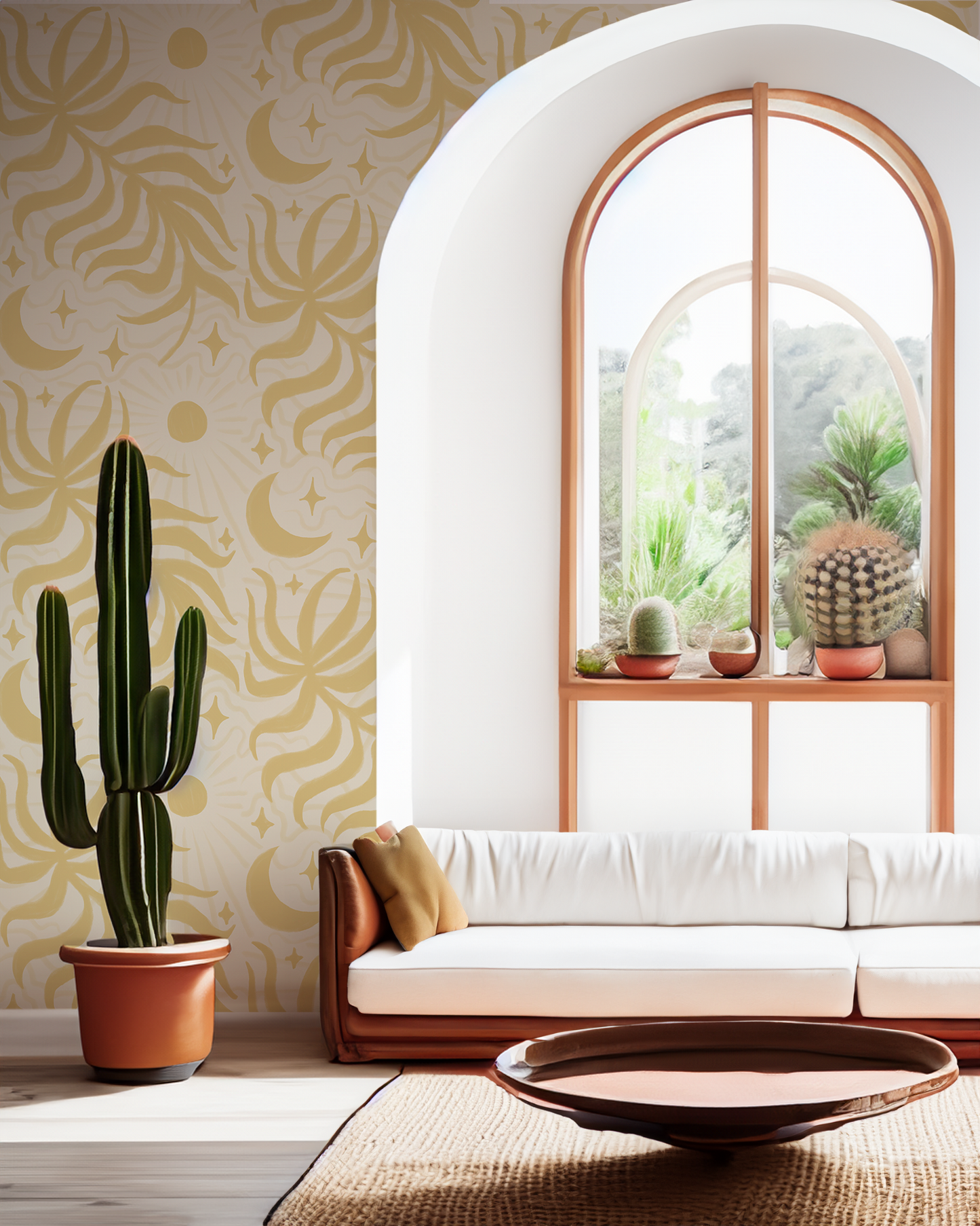 Lunar Leaf Wallpaper, beige and lemon