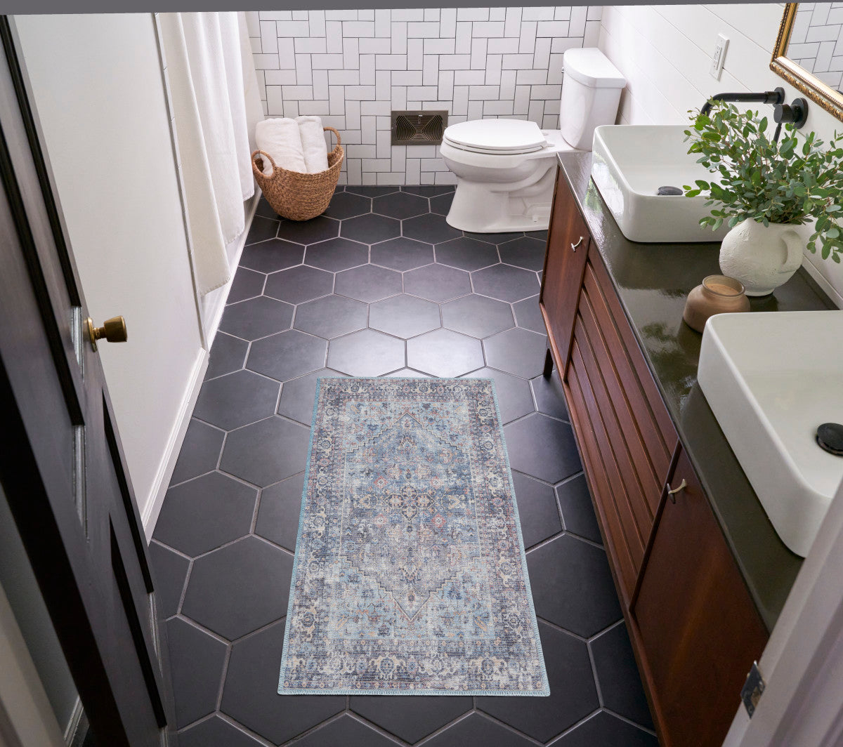 Nourison New Concept Light Grey & Blue Machine Washable Rug - Room Scene