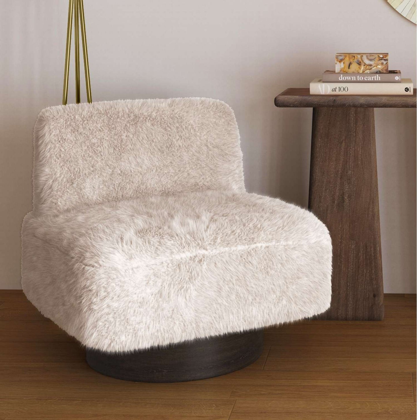 Amaya 29" Sandy Beige Faux Fur Swivel Accent Chair with Oak Brown Wood Ring Base - Main